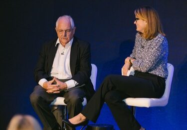 The Financial Times’ Martin Wolf (L), Chief Economics Commentator, and Darcy Keller (R), SVP, Communications & Marketing, at the Page Society Annual Conference in London